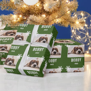 Papel De Presente Foto do Cachorro Flocos de Neve Verde Nome do Pet