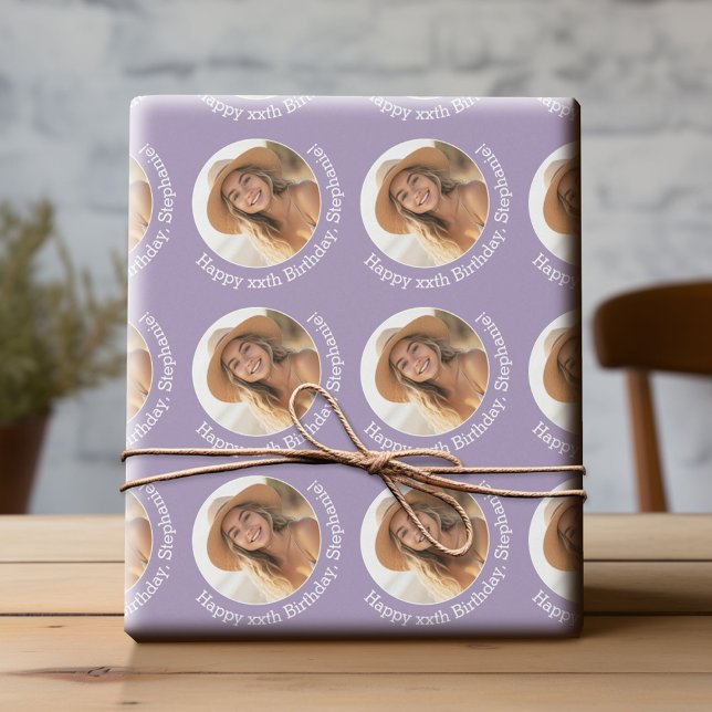 Papel De Presente Foto do Círculo 1 com Saudação de Aniversário - Li (Custom Birthday Wrapping Paper with Photo)