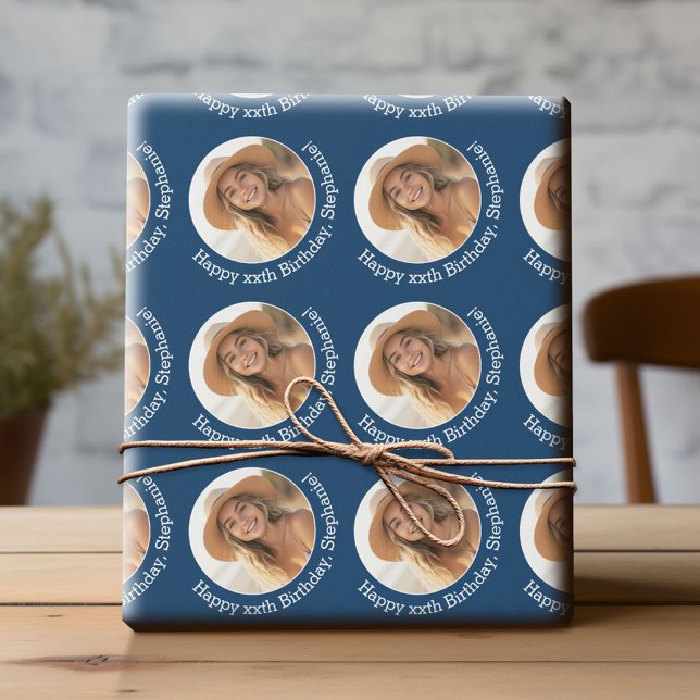 Papel De Presente Foto do Círculo 1 com Saudação de Aniversário - Ma (Custom Birthday Wrapping Paper with Photo)