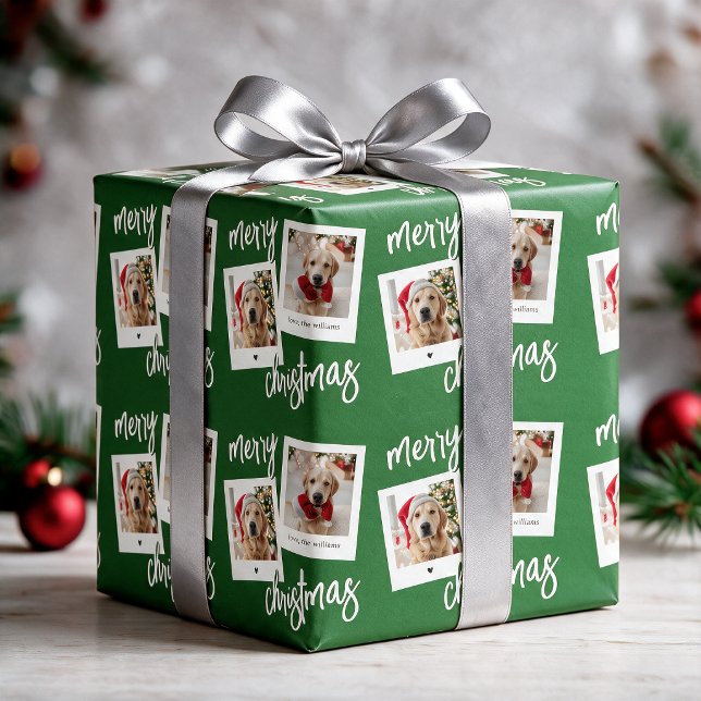 Papel De Presente Foto Moderna de Natal Alegre 2 Cachorro (Add 2 of your favorite photos and your family name.)