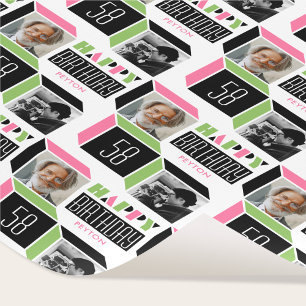 Papel De Presente Foto personalizada de aniversário do Cubo Retro, c