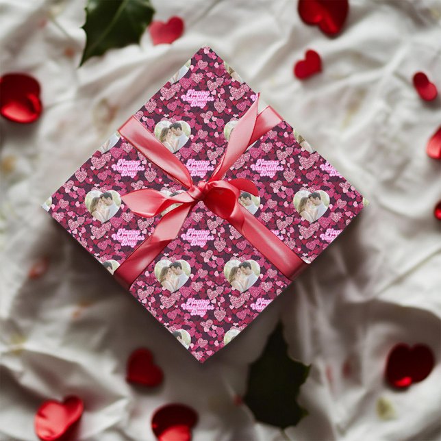 Papel De Presente Foto Personalizada de Corações Rosa e Ruby (Criador carregado)