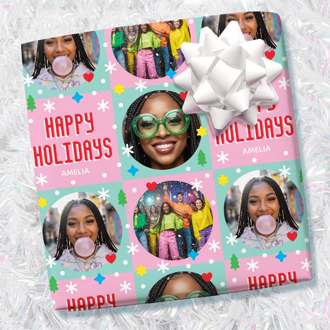 Papel De Presente Foto Personalizada Divertida Texto Natal Rosa Retr (Criador carregado)