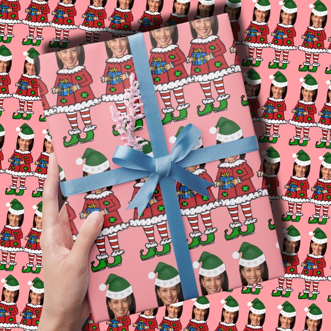 Papel De Presente Foto personalizada do rosto Kamala Elf Natal Rosa  (Criador carregado)