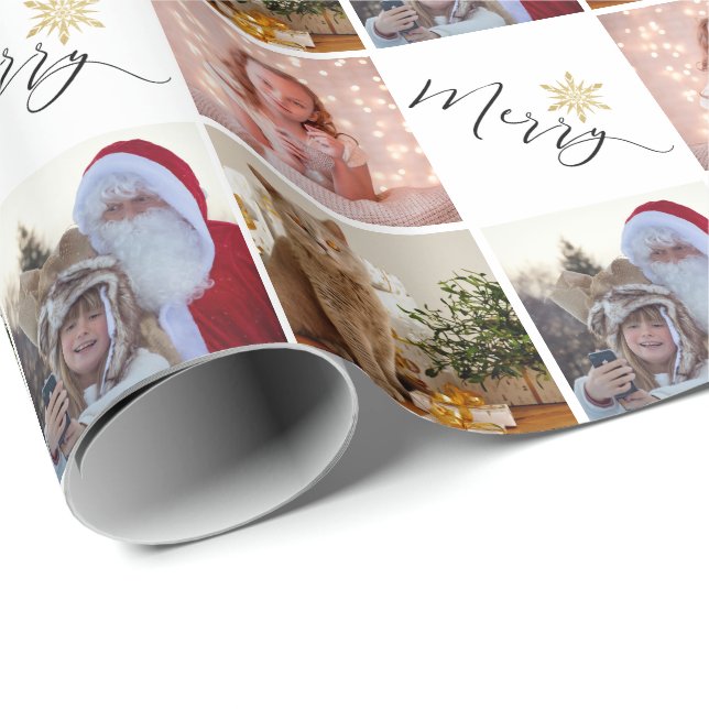 Papel De Presente Foto personalizada: Natal com floco de neve Dourad (Ponta do rolo)