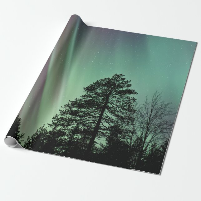 PAPEL DE PRESENTE FOTO SILHOUETTE DA AURORA BOREALIS (Desenrolado)