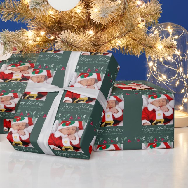 Papel De Presente Foto verde de Natal Holly e Morangos Vermelhos (Feriados)