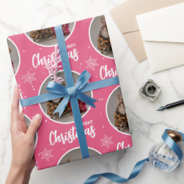 Papel De Presente Fotomontagem Natal Rosa Personalizado em Círculo