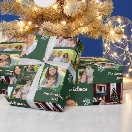 Papel De Presente Fotos da Família Feliz Natal Verde Personalizado