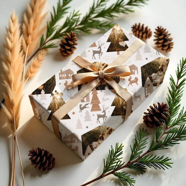 Papel De Presente Fotos De Raposa De Madeira, Coelho E Aldeia De Rei (Woodland Foxes, Rabbit & Reindeer Village 2 Photo Wrapping Paper)