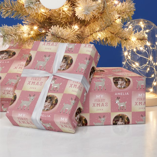 Papel De Presente Fotos do Primeiro Natal do Bebê com Veado Rosa (Feriados)