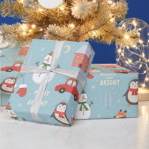 Papel De Presente Fox Snowman Penguin e Carro no Natal