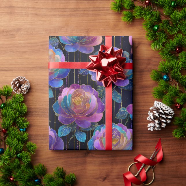Papel De Presente Fragmentação Floral Iridescente com Arco de Fita V (Presente de Natal)
