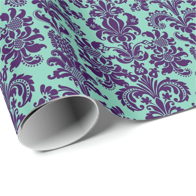Papel De Presente Fragmentos Florais Roxos Elegantes Verde-Teal Tras (Ponta do rolo)