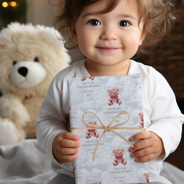 Papel De Presente Fralda Rei Teddy ursinho feliz nome de aniversário (Criador carregado)