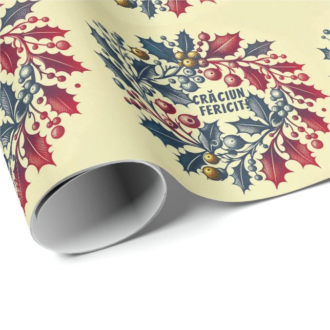 Papel De Presente Framboesas de Holly, sob a bandeira romena (Ponta do rolo)