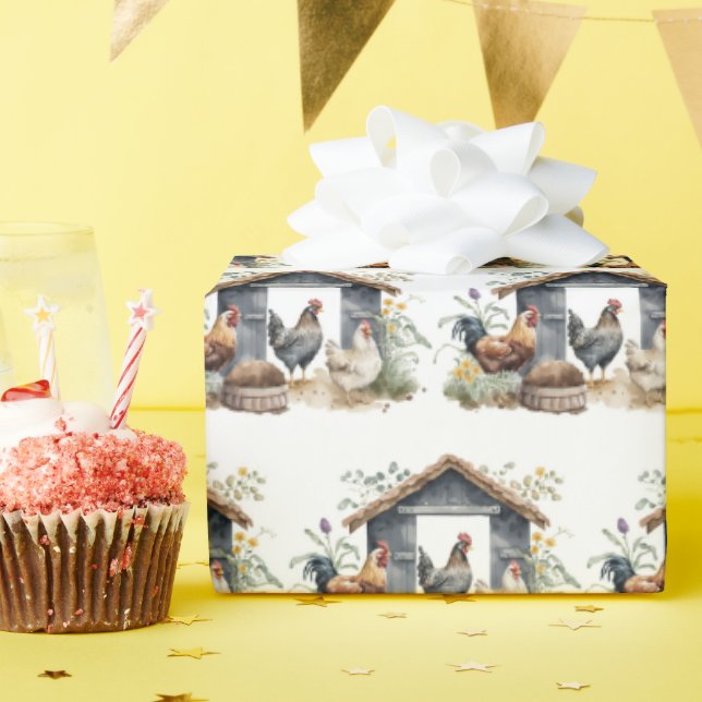 Papel De Presente Frango Aquarela em Coop (Festa de aniversário)