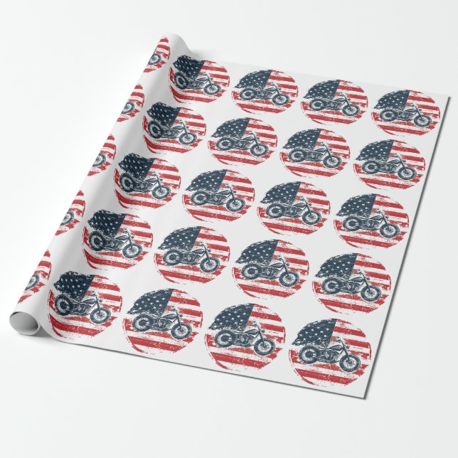 Papel De Presente Freedom Ride: Retro Motorcycle and American Flag (Desenrolado)