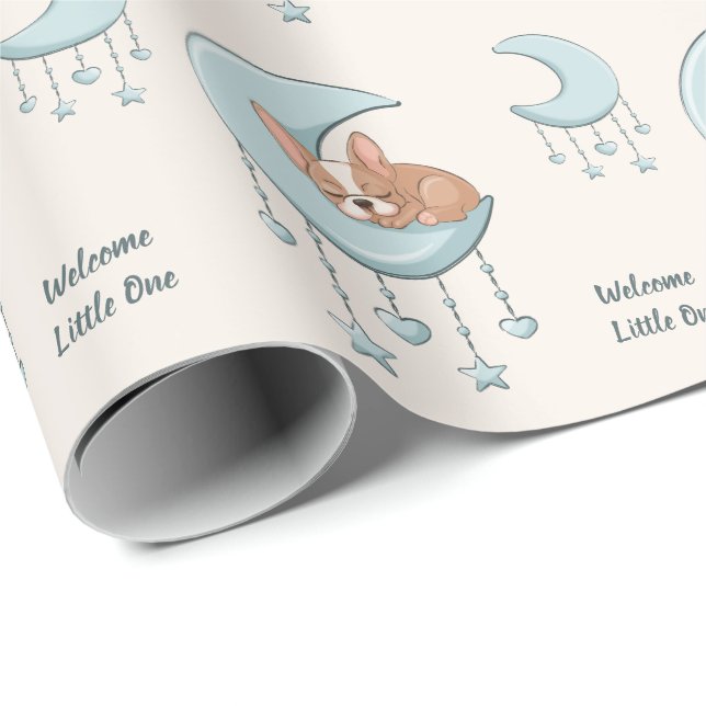 Papel De Presente French Bulldog na Lua Azul Bebê Menino Chá de Bebê (Ponta do rolo)