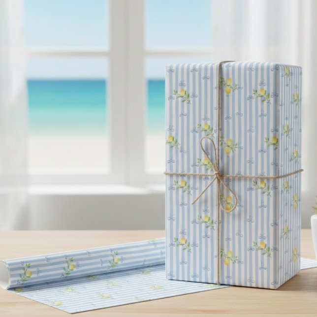 Papel De Presente French Country Lemon – Blue Stripe Bow Pattern (Criador carregado)