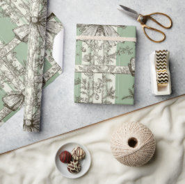 Papel De Presente French Green Christmas Toile Bow Patterned