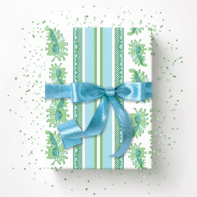 Papel De Presente Frilly Frond Stripe in Green and Aqua (Criador carregado)