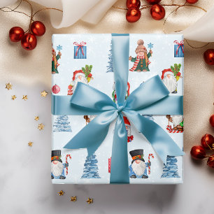 Papel De Presente Frio Natal Azul Gnomos Vermelhos