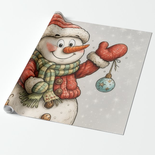 Papel De Presente Fröhlicher Schneemann mit Weihnachtskugeln (Desenrolado)