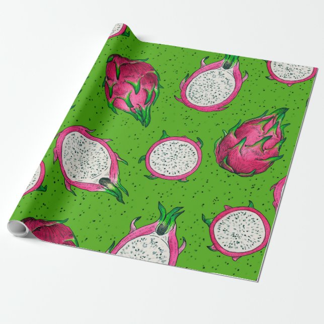 Papel De Presente Fruta de dragão vermelho em verde (Desenrolado)