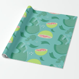 Papel De Presente Fruta de Goiaba Tropical e Verdor Rosa Azul Claro