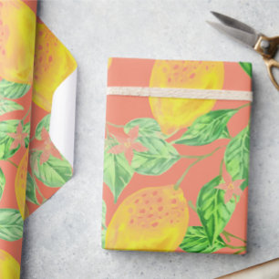 Papel De Presente Fruta de limão amarela e cor-de-rosa
