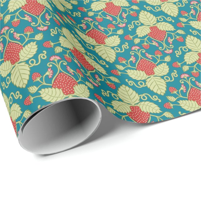 Papel De Presente Fruta de Morango Vermelho, Flores e Estolões  (Ponta do rolo)