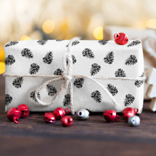 Papel De Presente Fruta de Pinheiro Preto e Branco Natal Elegante