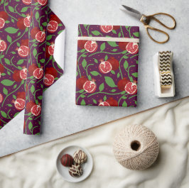 Papel De Presente Fruta de romã e botânica em Púrpura de ameixa