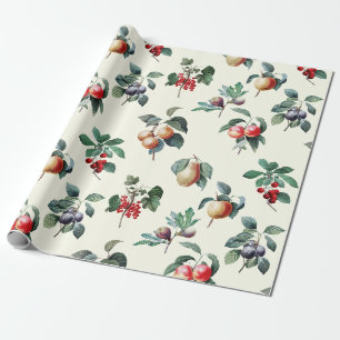 Papel De Presente Fruta de Vintagem Botânica Elegante em Branco