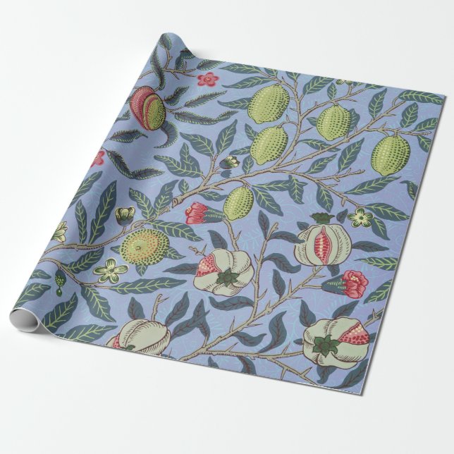 Papel De Presente Fruta William Morris Pomegranate Ornamento Azul (Desenrolado)