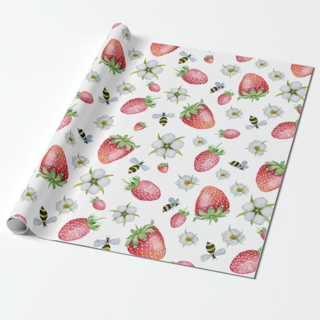 Papel De Presente Frutas, Abelhas e Flores de Morango com Aquarelas (Desenrolado)