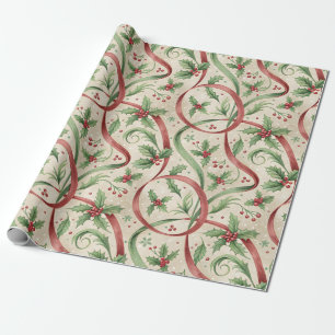 Papel De Presente Frutas de Azevinho Fitas Verdes e Vermelhas Natal