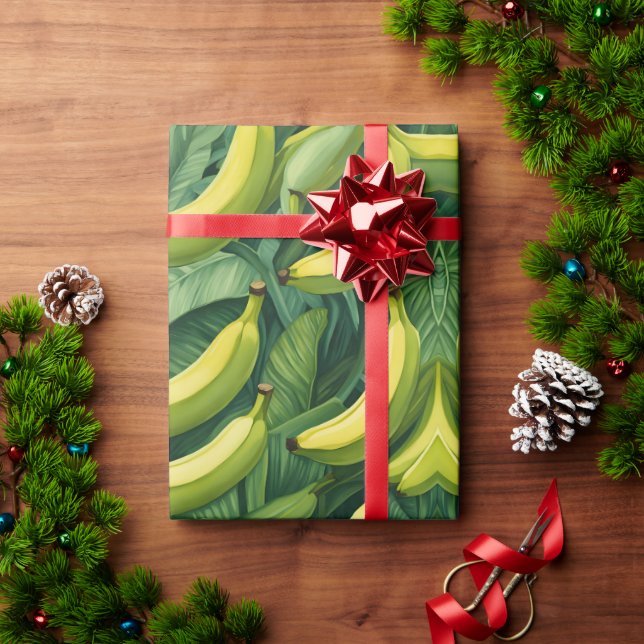 Papel De Presente Frutas de Banana e Folhas Clima Tropical (Presente de Natal)