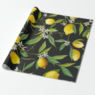 Papel De Presente Frutas de limão e flores em fundo escuro