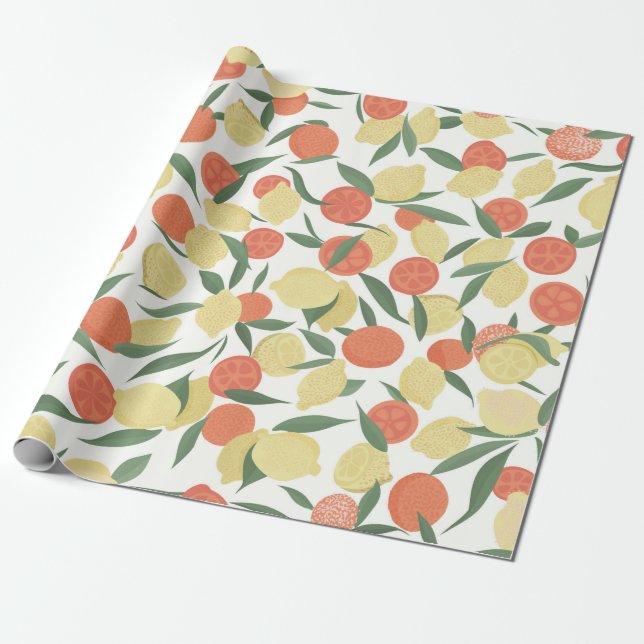 Papel De Presente Frutas de limão e laranja com folhas em fundo bran (Desenrolado)