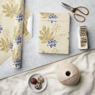 Papel De Presente Frutas Roxas e Folhas de Ouro em Amarelo Pálido