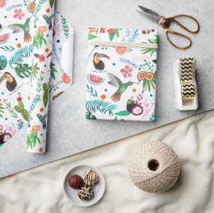 Papel De Presente frutas tropicais & aves