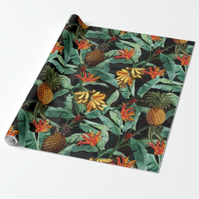 Papel De Presente frutas tropicais e flores em preto (Desenrolado)