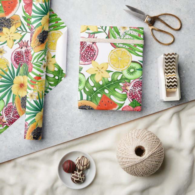 Papel De Presente Frutas tropicais, flores e folhas em branco (Artesanato)