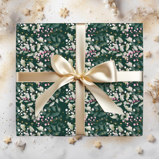 Papel De Presente Frutas Vermelhas de Holly e Folhagem em Verde Escu (Criador carregado)