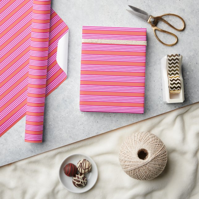 Papel De Presente Fuchsia e coral vivo: cinco listras (Artesanato)