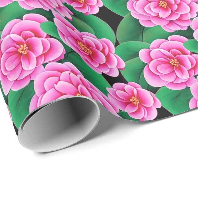 Papel De Presente Fuchsia Pink Camellias e Jade Green Folhas (Ponta do rolo)