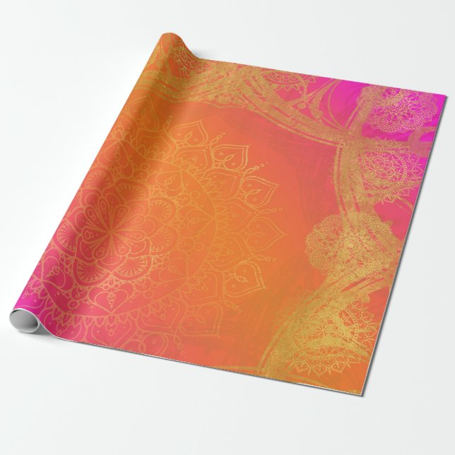 Papel De Presente Fúcsia Rosa Laranja e Dourado Mandala Festa Indian (Desenrolado)