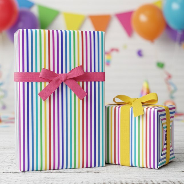 Papel De Presente Fun Rainbow Colors Striped (Fun Rainbow Stripes Wrapping Paper for Kids Birthday. Modern & Simple Thin Lines with Bright Colors)